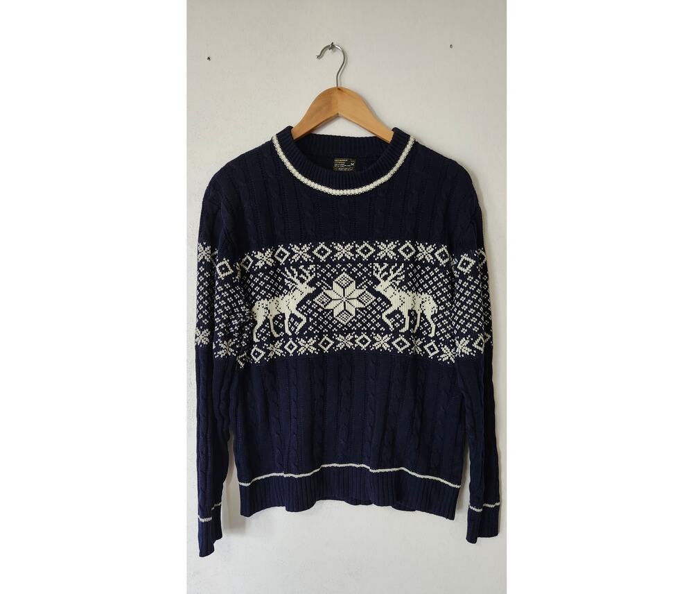 Vintage Jcpenny Fair Isle Reindeer Sweater Navy Blue Nordic Ski Knit Medium